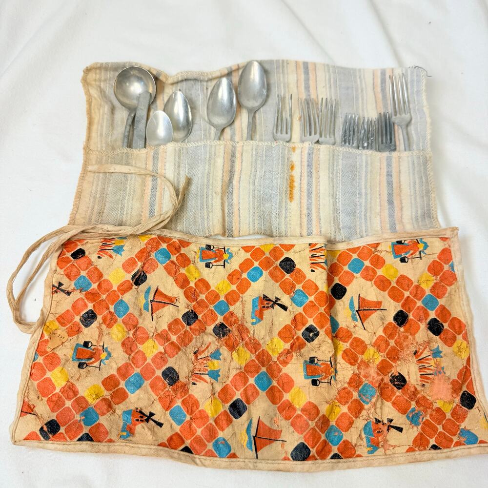 Pre WWII Vintage Aluminum Silverware Play Set with Cutlery Roll-Read